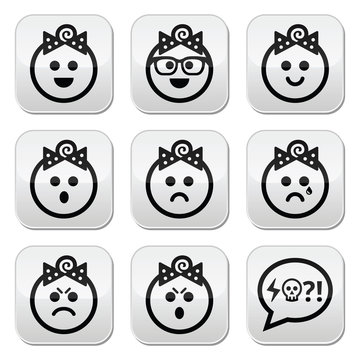 Baby girl faces, avatar vector buttons set
