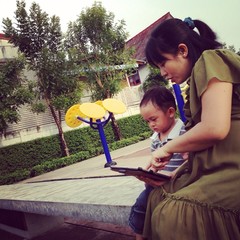 Mother and son using tablet