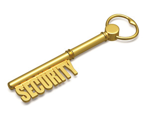 Golden key with security text made of gold isolated