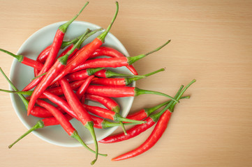 A bowl of hot chilli peppers with copy space