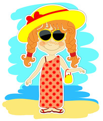 Funny girl in dress and with big hat