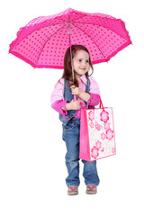 Dziewczynka z parasolem i torebką na zakupy. - obrazy, fototapety, plakaty