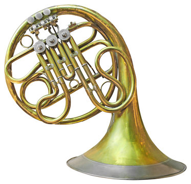 Old French Horn isolated on white with clipping path