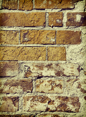Vintage stylized old brick wall close-up background.