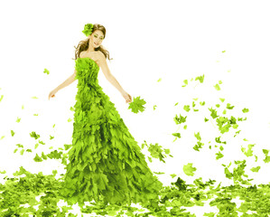 fantasy beauty, fashion woman in green leaves dress, summer gown