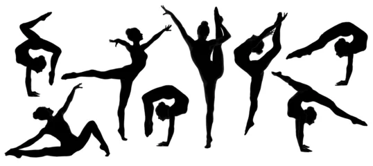 Fotobehang silhouette gymnast dancer, set of ballerina female flexible pose © inarik