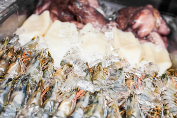 Shrimps and other Seafood in a Restaurant Counter