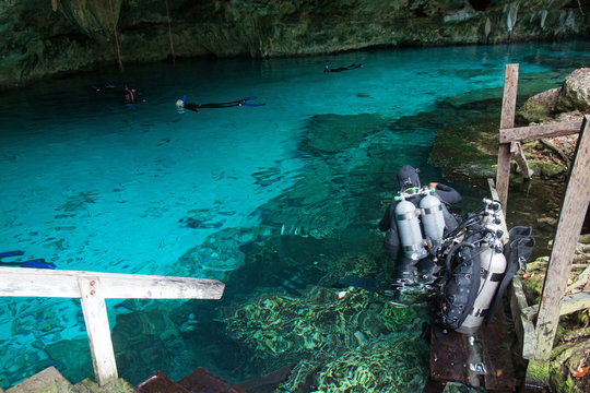 Diving in a cenote, Mexico