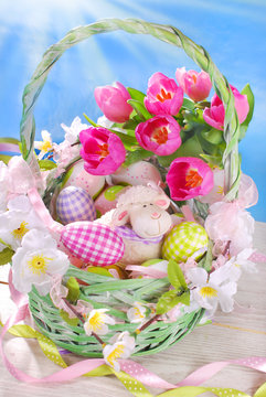 easter basket with eggs ,sheep and fresh tulips