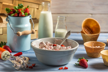 Healthy and fresh homemade strawberry ice cream