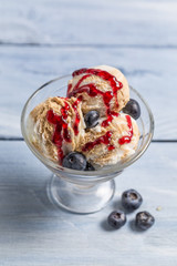 Bowl with ice cream and fresh blueberry