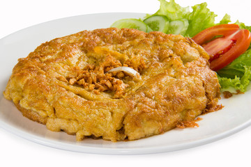 close up of omelette isolated on white dish