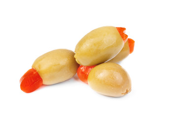 stuffed green olives   isolated on white   background