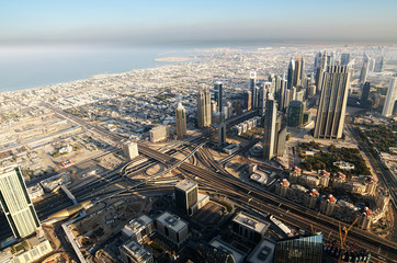 Fototapeta premium Downtown of Dubai (United Arab Emirates) in the sunrise