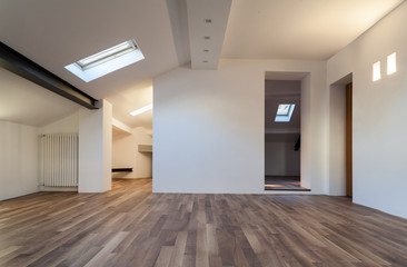 Interior nice loft, wall white, parquet floor