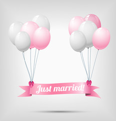 ribbon with text just married, hanging on balloons