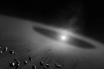 Papier Peint photo Lavable Noir et blanc Ceinture d& 39 astéroïdes avec quatre planètes solaires intérieures