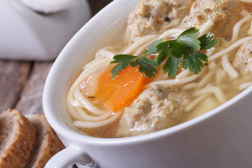 Meatball soup, noodles with vegetables