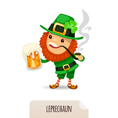 Leprechaun with beer smokes a pipe
