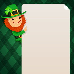 Leprechaun looking at blank poster on green background