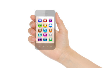 Woman hand holds transparent smart phone with icons
