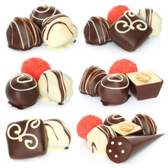 Assorted chocolate candies set on white background