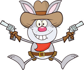 Cowboy Gray Rabbit Cartoon Character Holding Up Two Revolvers