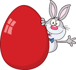 Cute Gray Rabbit Cartoon Character Waving Behind Easter Egg