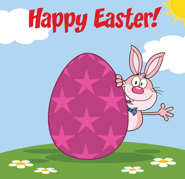 Happy Easter From Pink Rabbit Character Waving Behind Egg