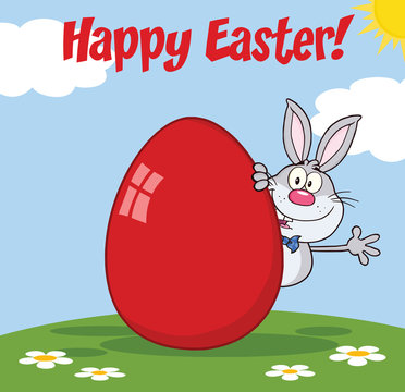 Happy Easter From Gray Rabbit Character Waving Behind Egg