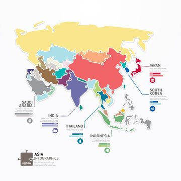 Asia Infographic Map Template jigsaw concept banner. vector illu