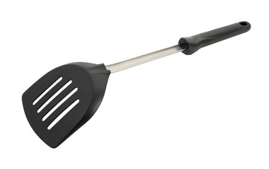 Black plastic spatula invert on white background.