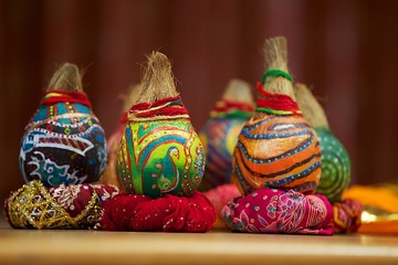 Beautifully decorated Hindu Gujarati wedding coconuts