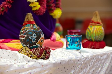 Beautifully decorated Hindu Gujarati wedding coconuts