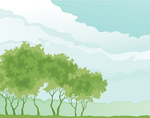 Spring forest	. Vector Trees on cloudy sky  at old style