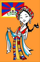 funny Tibetan girl/illustration with tibetan flag