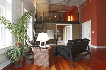 Reconstructed modern living room with a mezzanine area - obrazy, fototapety, plakaty