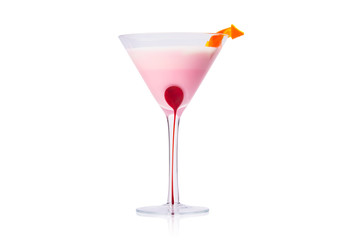 Pink martini cocktail with orange peel twist over white