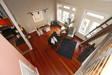 Reconstructed modern living room. Panoramic view