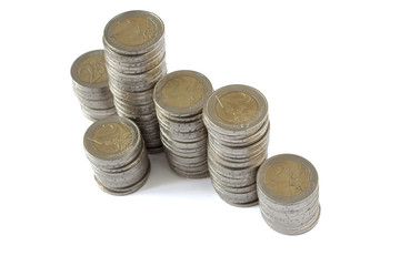 Two euros coins towers