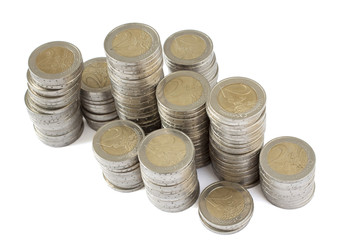 Two euros coins towers