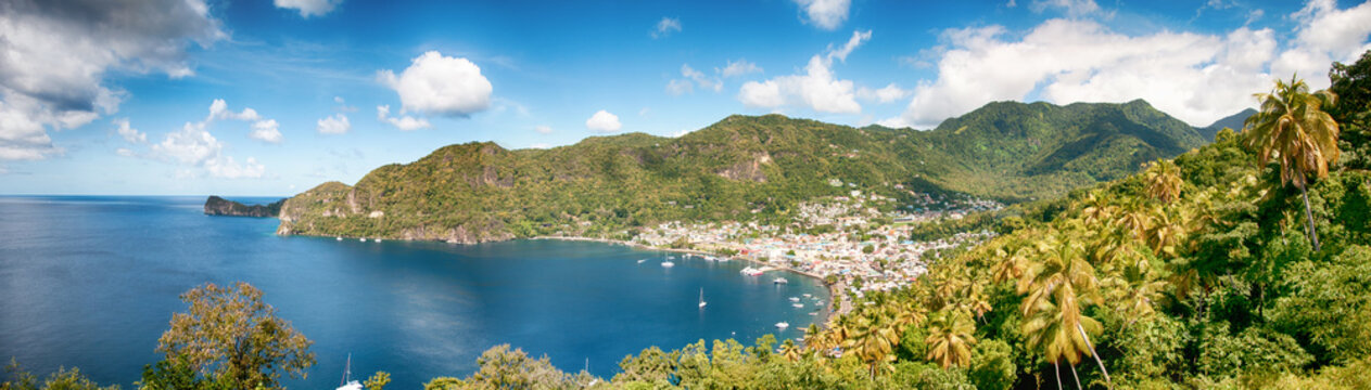 Panoramic view on seashore in Soufriere, Saint Lucia, Caribbean