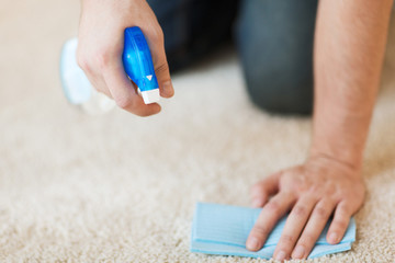 close up of male cleaning stain on carpet