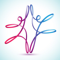 Pink and blue line figures dancing