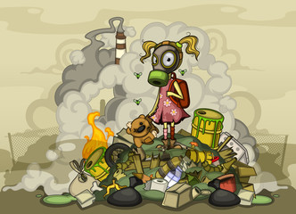 Child in a gas mask standing on a pile of garbage