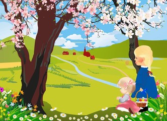 krajobraz z kwitnącym drzewem © klatki