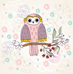 illustration with owl sitting on the branches