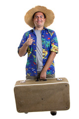young silly man traveler, full body on white background