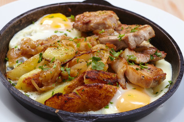 fried meat with potatoes and egg