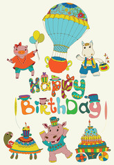 Obraz premium Happy birthday colorful background with funny animals